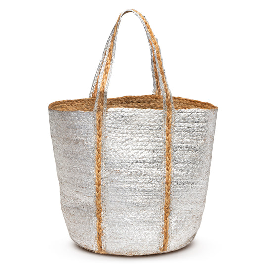 Silver Foil Jute Tote. This large tote has a glamorous beach vibe that will carry everything from towels to your sunscreen.