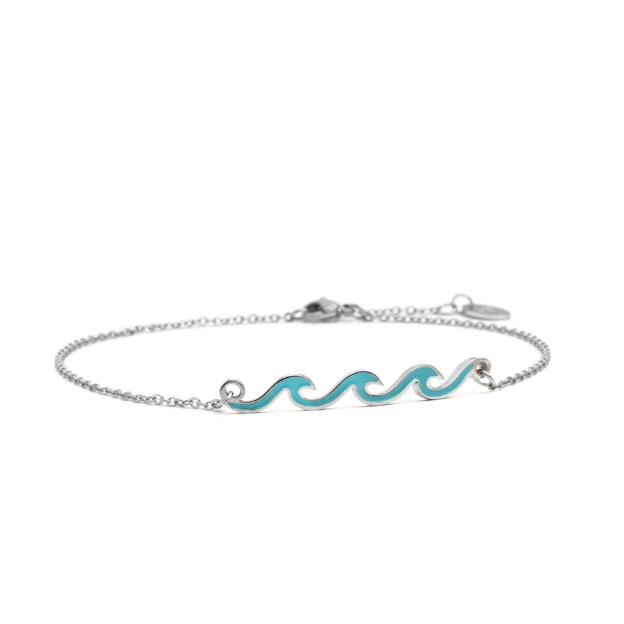 Polished silver Wave Anklet with chains attached on either side of a sequence of 3 turquoise enameled waves with lobster claw hook on white background