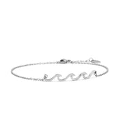 Polished silver Wave Anklet with chains attached on either side of a sequence of 3 waves with lobster claw hook on white background