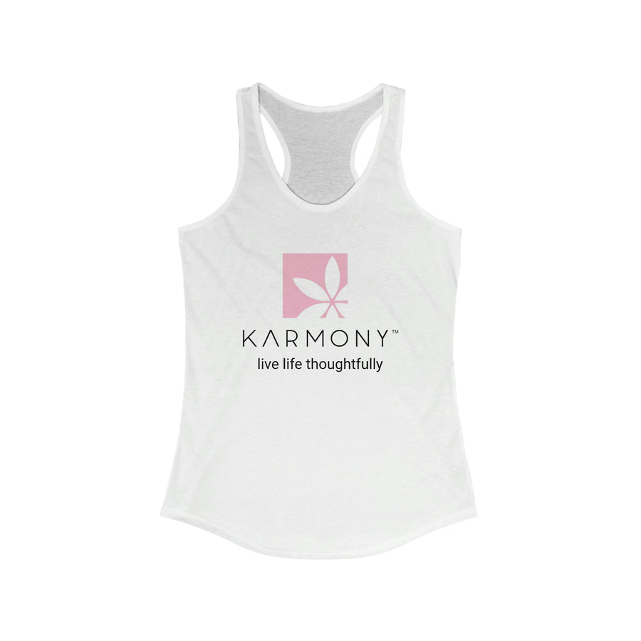 Karmony branded slim fitted white racerback tank top on white background 
