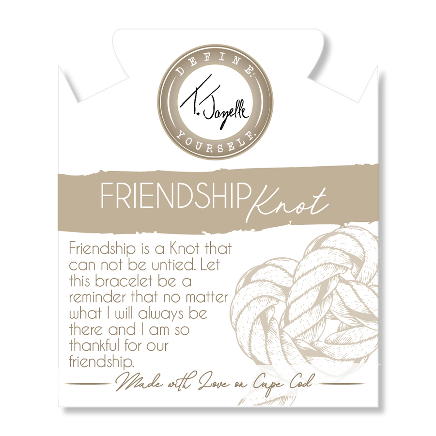 A T. Jazelle Cape Bracelet card, light brown, with the brand logo at the top, "Frienship Knot" written large in the center, and the bracelet description text at the bottom.